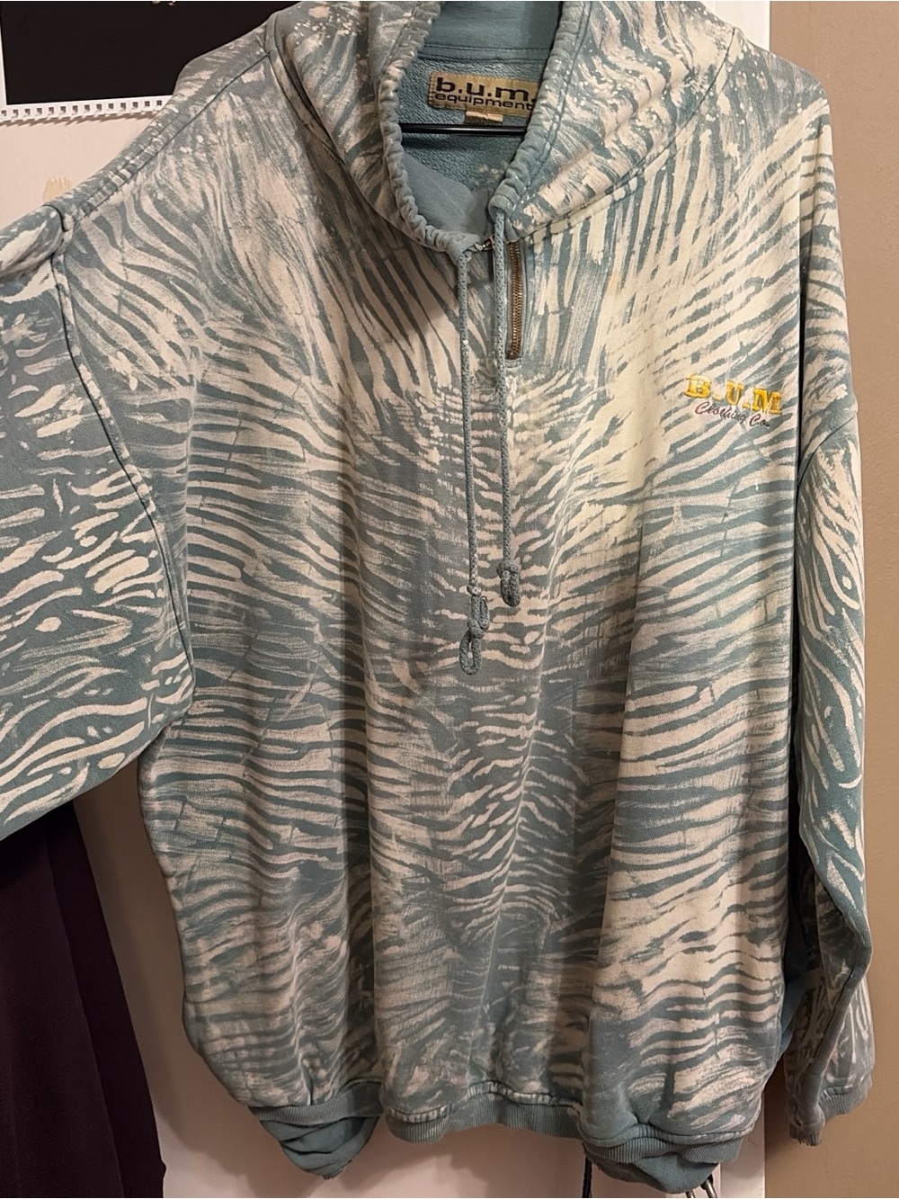 Vintage BUM Equipment Teal & White Hand Painted Zebra Print Pullover Hoodie